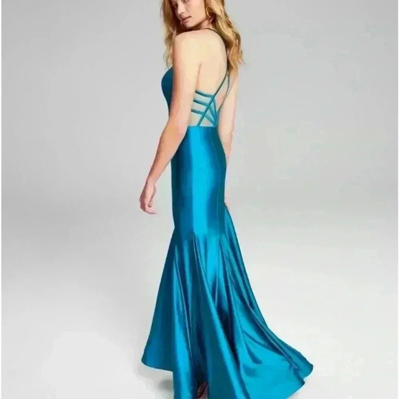 BLONDIE NITES Teal Pleated Strappy Billowy Hem Spaghetti Strap Sweetheart Neck - Picture 2 of 6